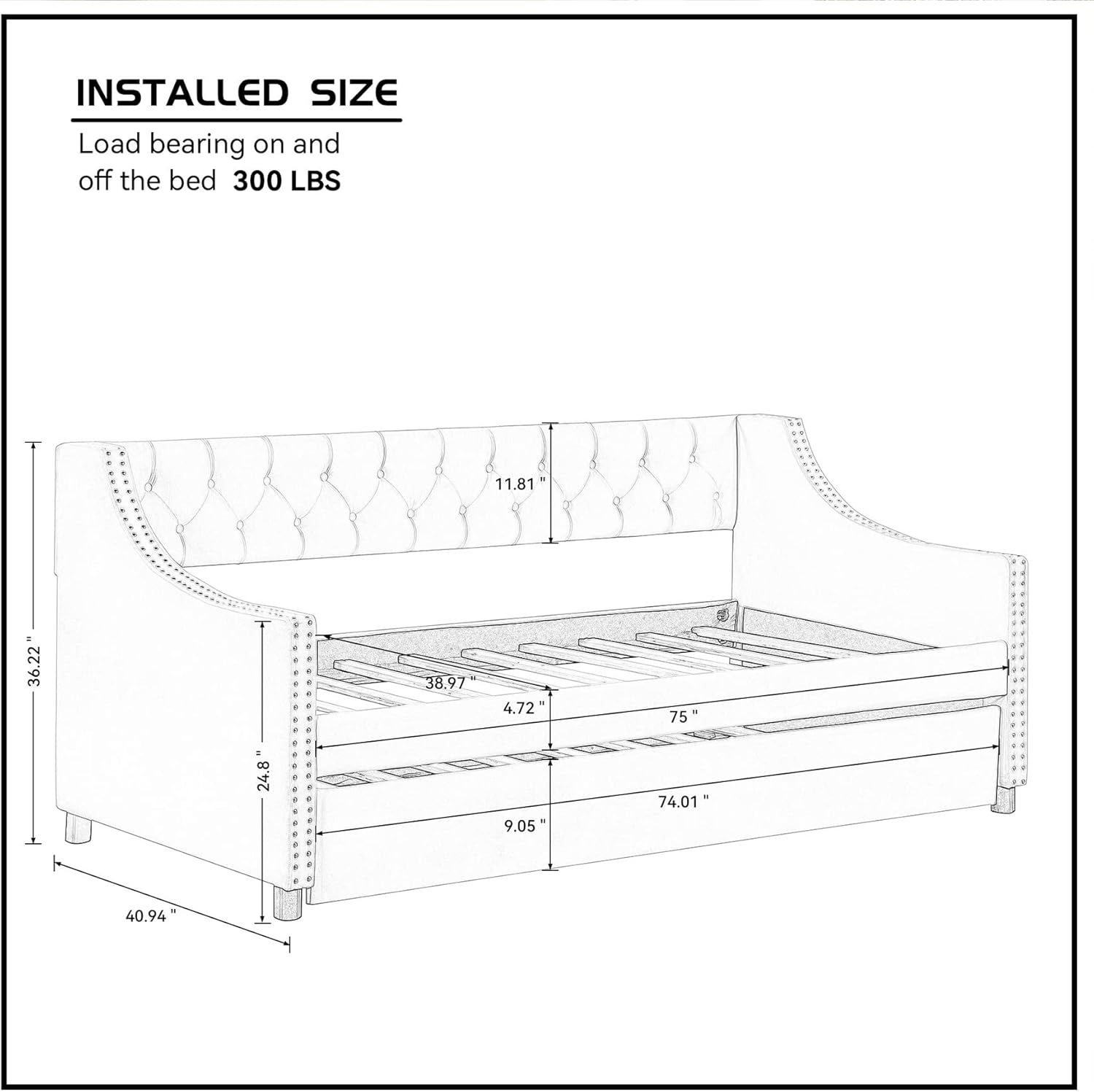 Bellemave Twin Upholstered Daybed with Trundle Tufted Button Mid-Century Day Bed Frame Wing-Back Sofa Wood Slats for Living Room Bedroom, Both Size, Gray