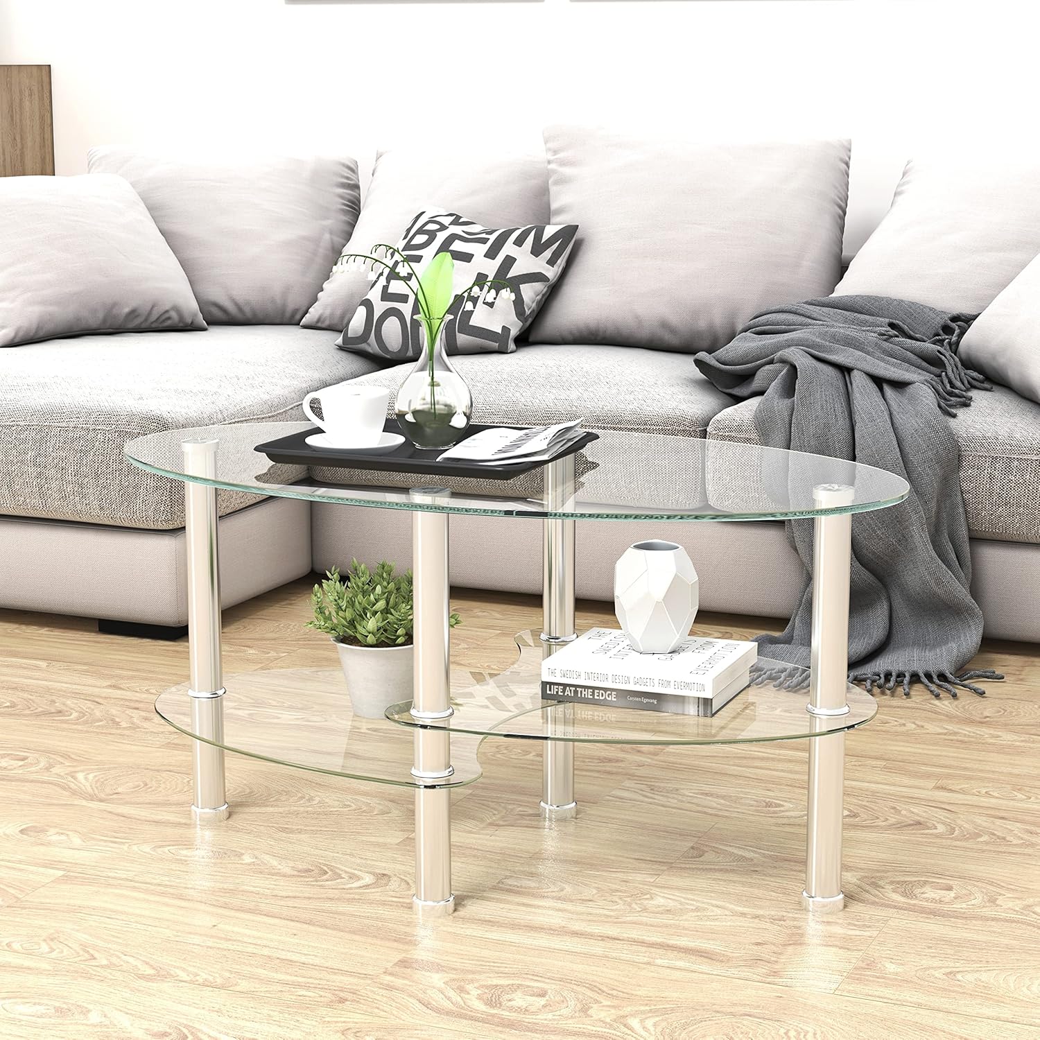Transparent Oval glass coffee table, modern table with stainless steel leg, tea table 3-layer glass table for living room