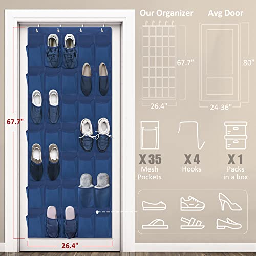 Over The Door Shoe Organizers 35 Mesh Pockets Hanging Shoe Organizer Shoe Rack For Door Closet Entryway Bedroom Bathroom Pantry - Shoe Holder Hanger For Sneakers, Women High Heeled Shoes Blue