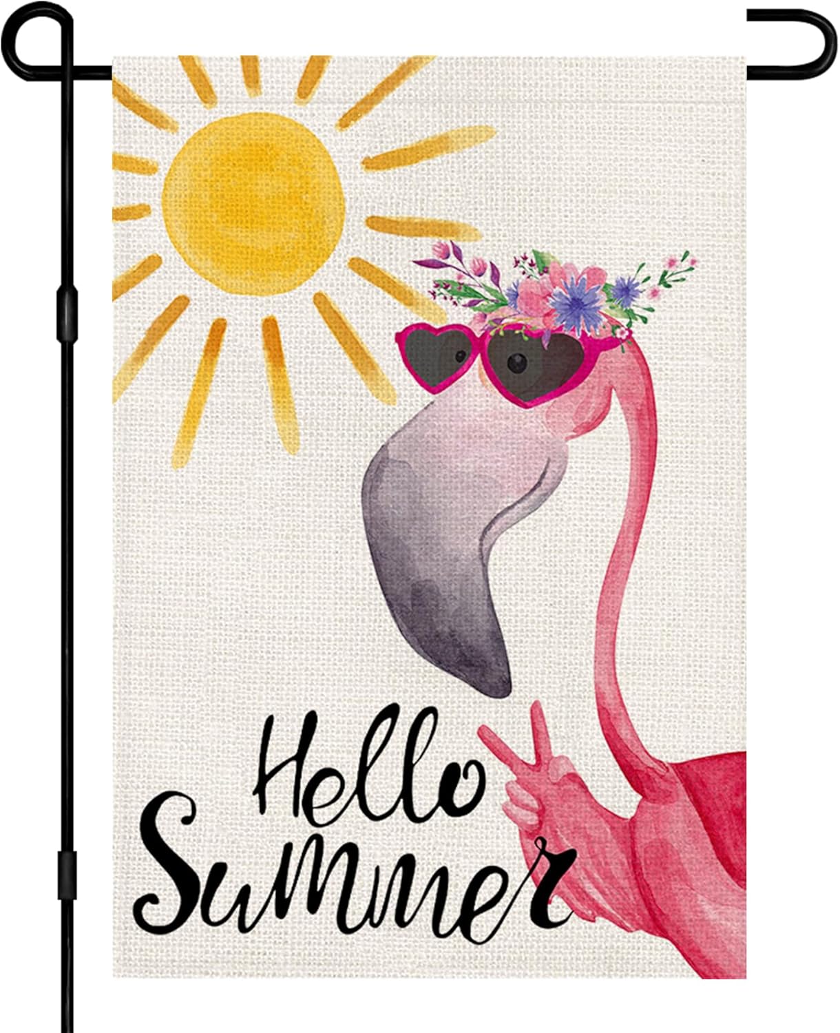 Hello Summer Flamingo Small Garden Flag Burlap Vertical Double Sided 12x18 Inch, Farmhouse Holiday Floral Beach Yard Outdoor Decor DF490