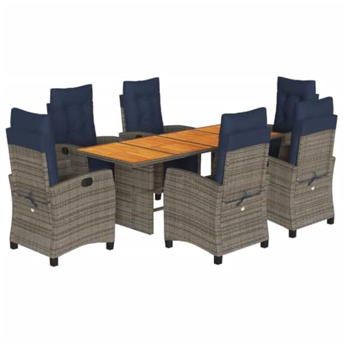 7 Piece Patio Dining Set with Cushions Gray Poly Rattan,Polyethylene Rattan Garden Furniture Set with Adjustable Chairs and Acacia Wood Table for Outdoor Dining and Relaxation