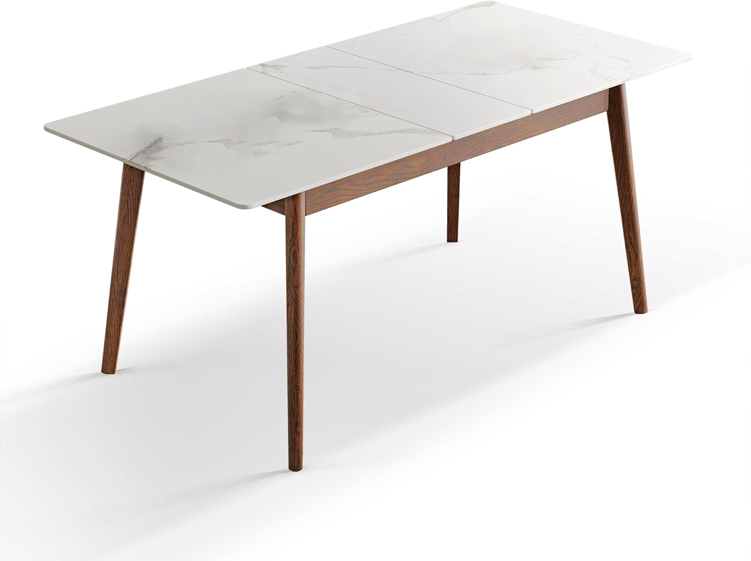 Telescopic Dining Table for 6-8 People, Extendable Table 1.2-1.5m with Walnut Solid Oak Diagonal Legs and White Round Corner Slate Top