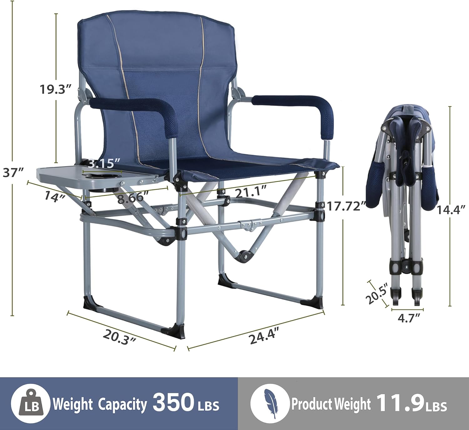 Folding Camping Chair with Side Table, Portable High Back Lawn Chair, Oversized Director Chair for Beach, Sports, Fishing, Party, Max Load 350lbs (Blue)