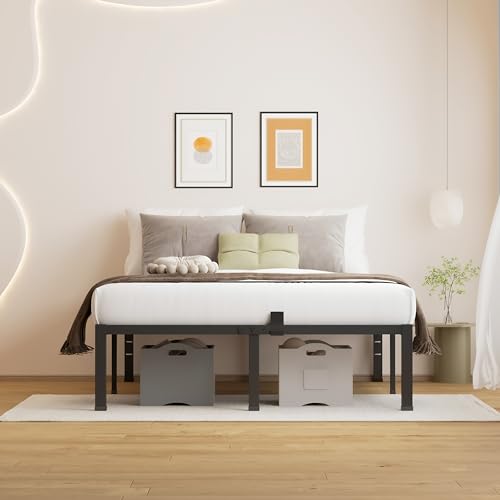 MAF 18 Inch Full Size Bed Frame No Box Spring Needed, Full Bed Frame Metal Heavy Duty Metal Platform Bed Frames Black Steel Slats Support Under-bed Storage Space