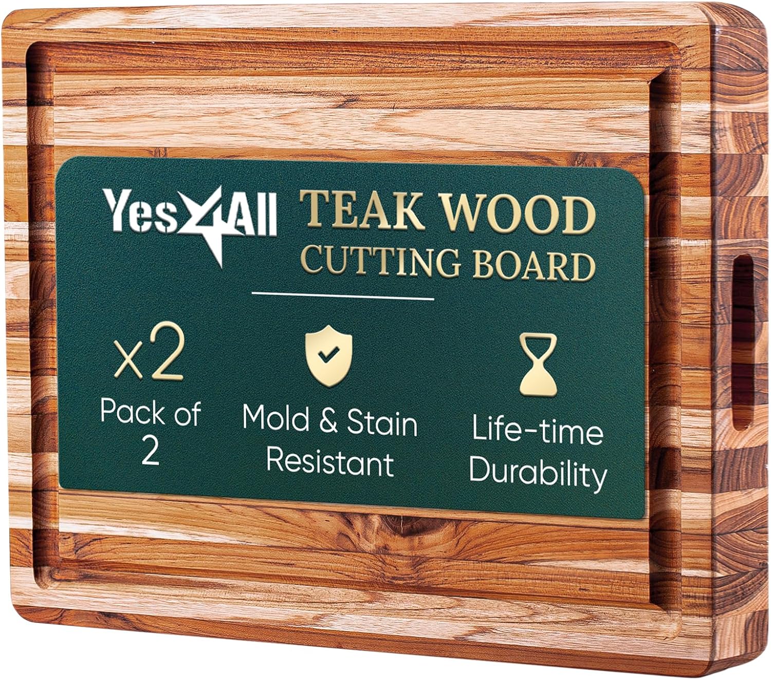 Yes4All Set of 2 Teak Wood Cutting Board with Deep Juice Groove and Built-in Handles - 17 inches + 20 inches