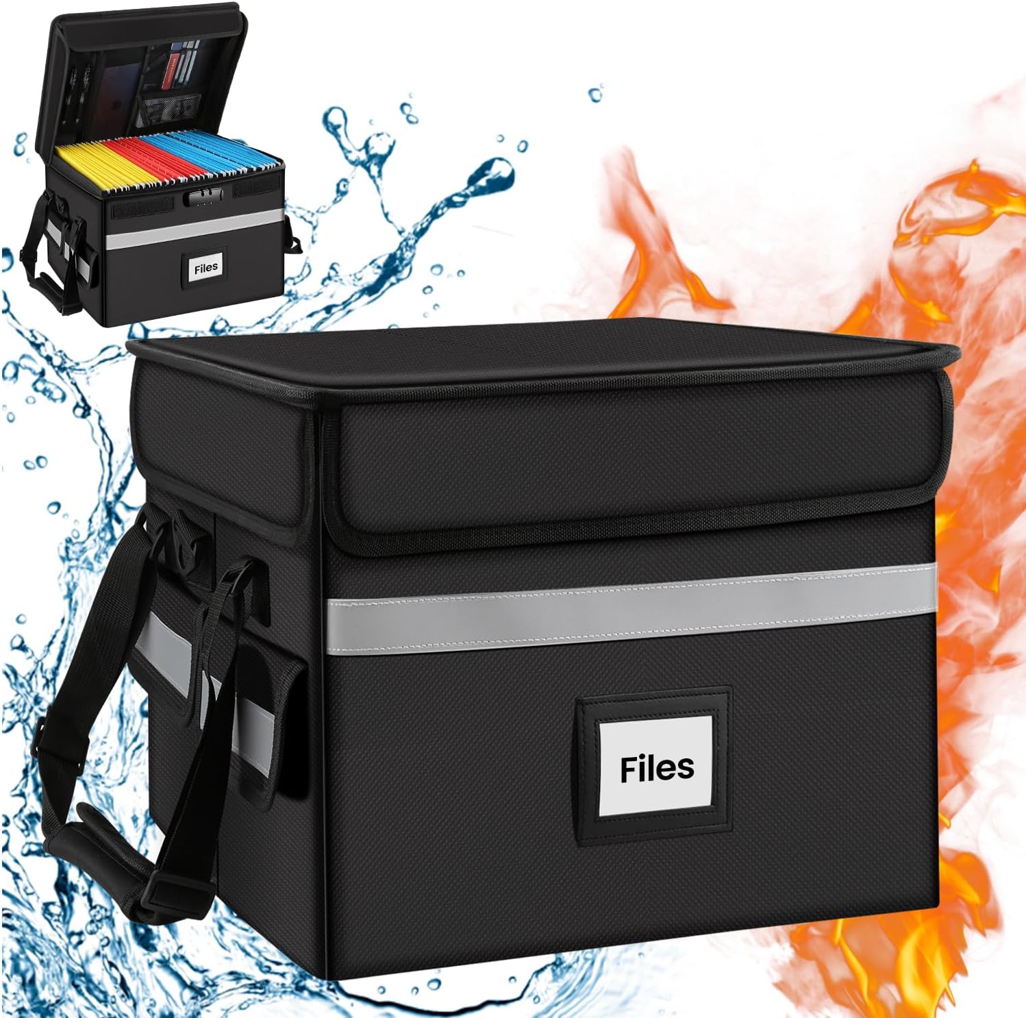Upgraded Fireproof Document Box, Portable File Box for Hanging Letter/Legal Size Folders, File Storage Organizer Box with a Lock, Water-Resistant Zipper, Handle, and Shoulder Straps