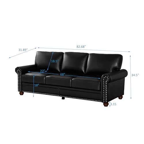 Classic 3-Seat Sofa with Faux Leather & Nailhead Trim, Sturdy Solid Wood Frame, High-Elastic Foam Cushions, and Storage Compartments, Navy Blue