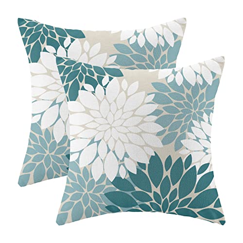 Navy Blue Sage Green Teal Pillow Covers 18x18 Inch Set of 2 Dahlia Floral Decor Throw Pillows Summer Modern Geometry Flower Outdoor Decorative Cushion Cases for Sofa Couch Bed Decorations