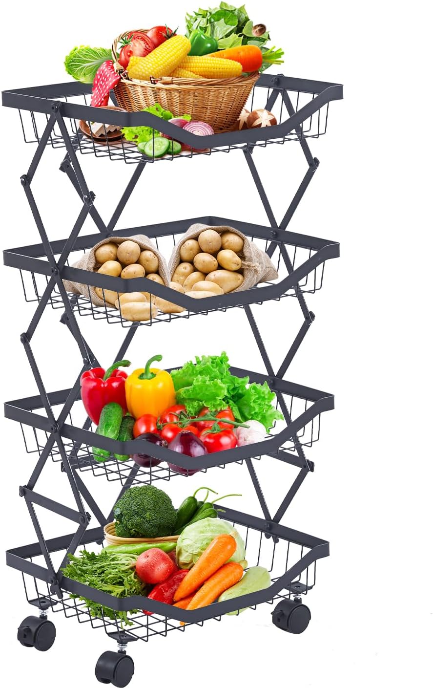 4 Tier Fruit Basket for Kitchen Stackable Metal Wire Fruit Vegetable Basket with Wheels Narrow Corner Rolling Utility Cart for Kitchen, Pantry, Bathrooms, Garage