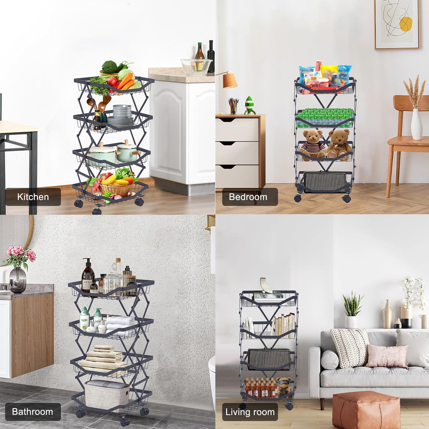4 Tier Fruit Basket for Kitchen Stackable Metal Wire Fruit Vegetable Basket with Wheels Narrow Corner Rolling Utility Cart for Kitchen, Pantry, Bathrooms, Garage