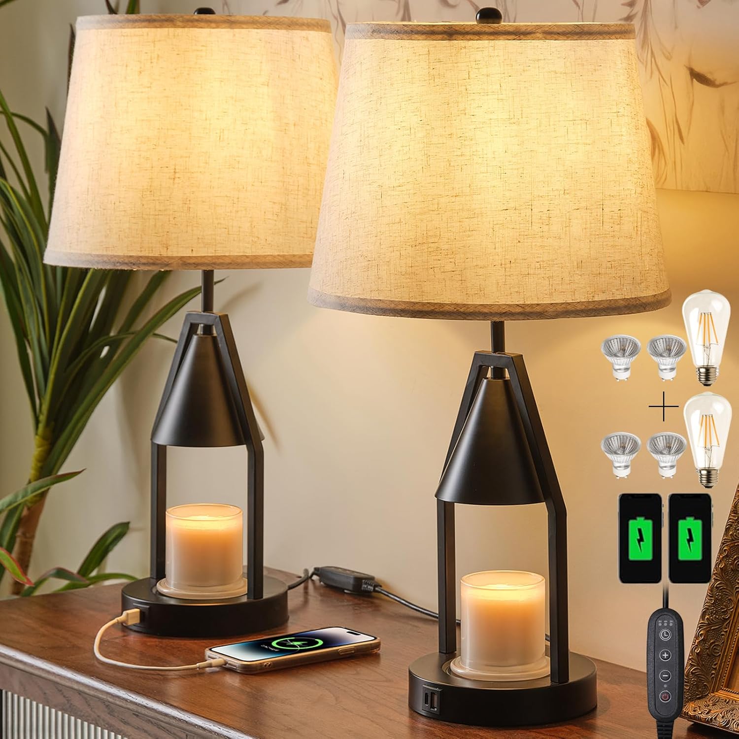 Farmhouse Lamps Set of 2 with Candle Warmer Lamp Featuring Timer for Large Jar Candles,Rustic Table Lamps for Living Room End Tables,Black Wax Melting Lamp for Bedroom Nightstand with USB&Type-C Ports