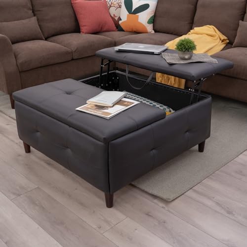 Panana Large Storage Ottoman Coffee Table with Lift Top, Square Ottoman with Storage,Upholstered Ottoman Coffee Tables for Living Room (Linen Fabric, Grey - Square Storage Ottoman Table)