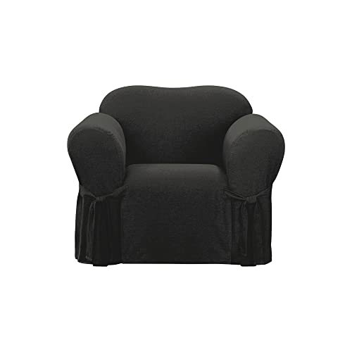 SureFit Farmhouse Basketweave Faux Linen Short Dining Chair Slipcover, Dining Chair with 6 Inch Skirt, Removable and Machine Washable, Charcoal