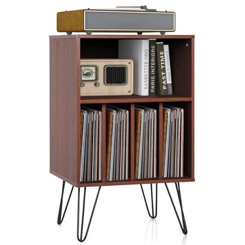 Giantex Record Player Stand, Turntable Stand Holds up to 150 Albums, Mid-Century Vinyl Storage Cabinet Table with Metal Legs, Record Player Holder End Table for Bedroom Living Room, Brown