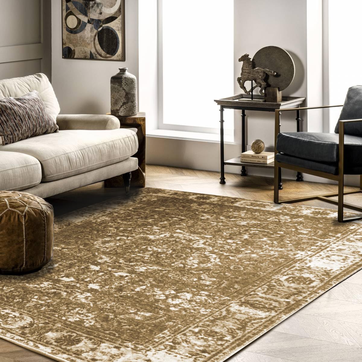 Washable Vintage Area Rug 4x6 Living Room Bedroom Rug Super Soft Low Pile Non-Shedding Non-Slip Indoor Decorative Rugs (Brown Rug)