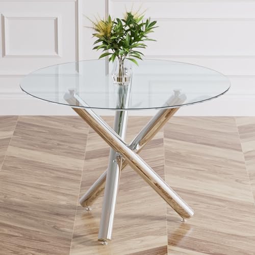 47 Inch Round Glass Dining Table for 4, Modern Dining Table with Clear Tempered Glass Tabletop & 3 Round Gold Metal Legs, Glass Kitchen Table for Kitchen Dining Room Living Room Office