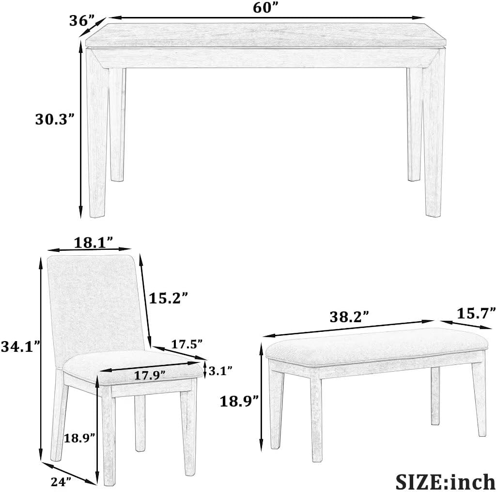 6-Piece Dining Table Set with Upholstered Dining Chairs and Bench,Farmhouse Style, Tapered Legs