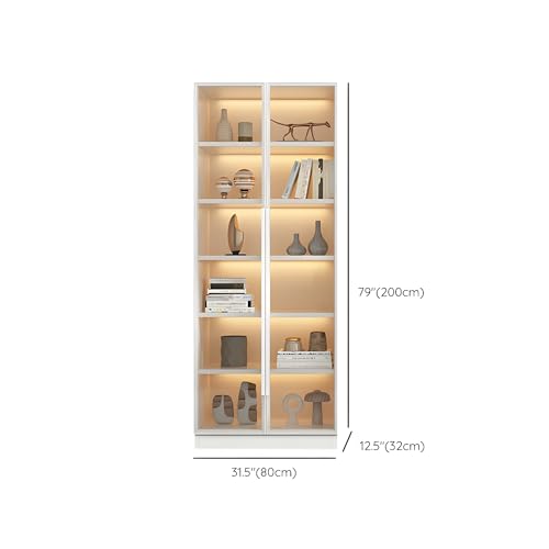 LITFAD Modern Wood Bookcase with Cabinet, Transparent Glass Doors Living Room Display Cabinet Freestanding Book Shelves for Bedroom Home Office Library - White 23.6