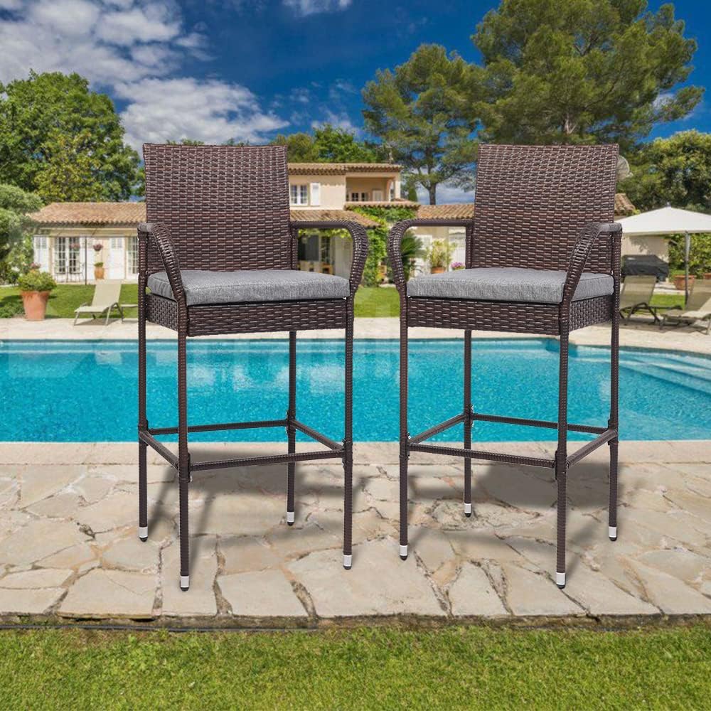 VINGLI Outdoor Bar Stools Set of 2 with Cushions Wicker Bar Stools, Patio Bar Chairs Bar Height Patio Set for Garden Pool Lawn Backyard