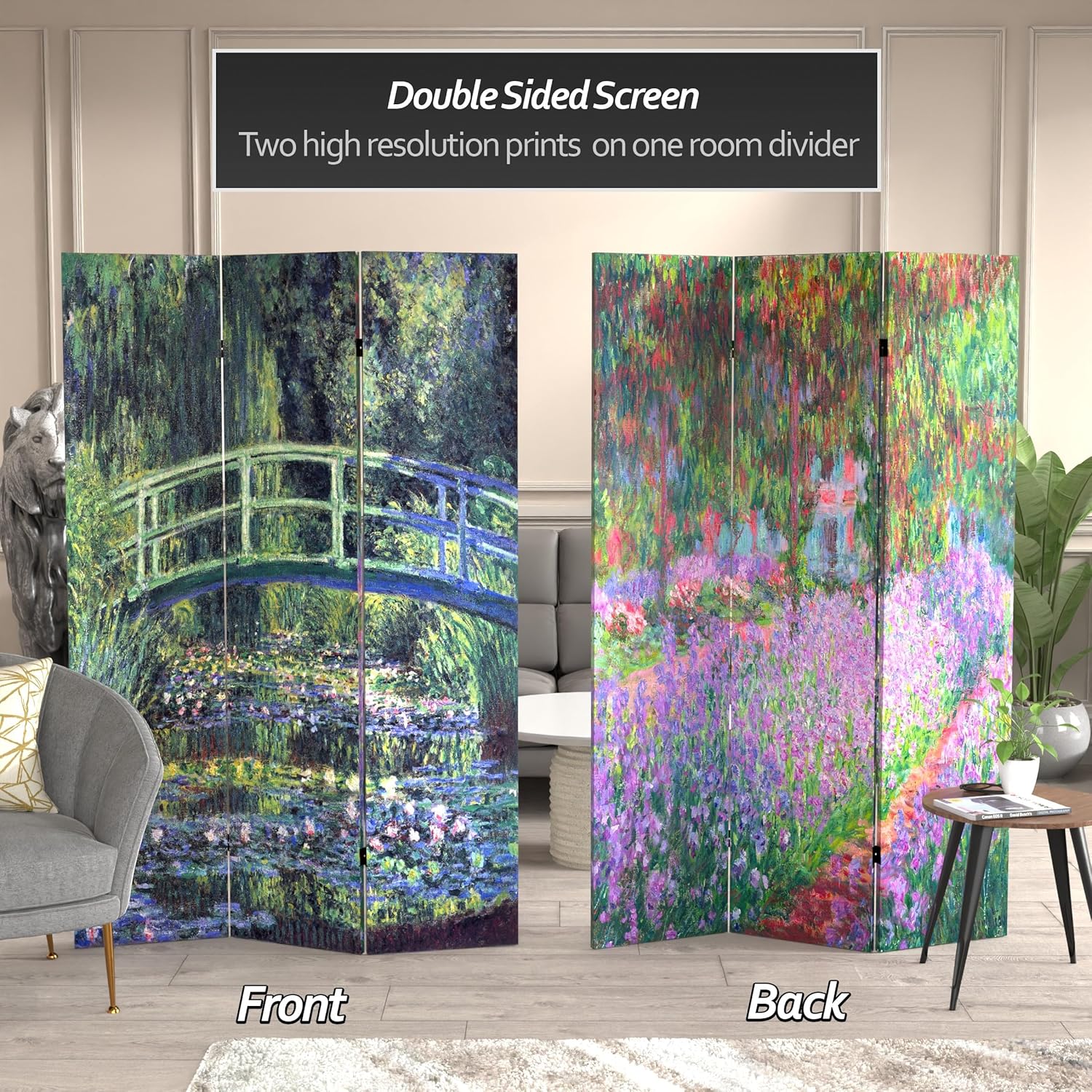 Oriental Furniture 6 ft. Tall Double Sided Works of Monet Canvas Room Divider - Water Lily/Garden