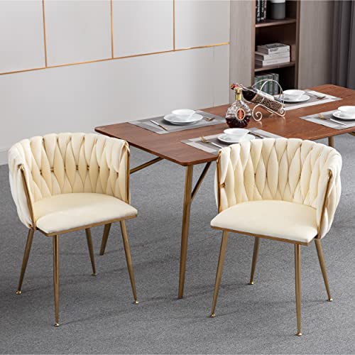 Modern Dining Chairs Set of 2 Velvet Chair, Woven Upholstered Dining Chairs with Gold Metal Legs, Accent Chairs for Dining Room, Kitchen, Vanity, Living Room (Beige)