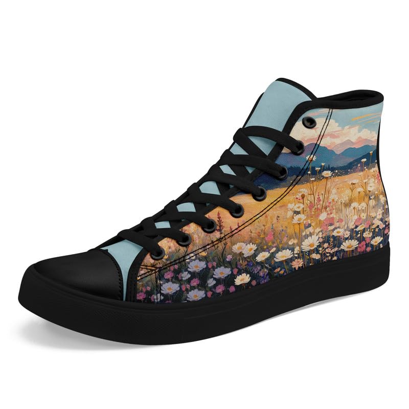Flower Art High Top Canvas Sneakers Lace Up Classic Casual Walking Shoes Fashion Ladies Girls Flat Running Trainers