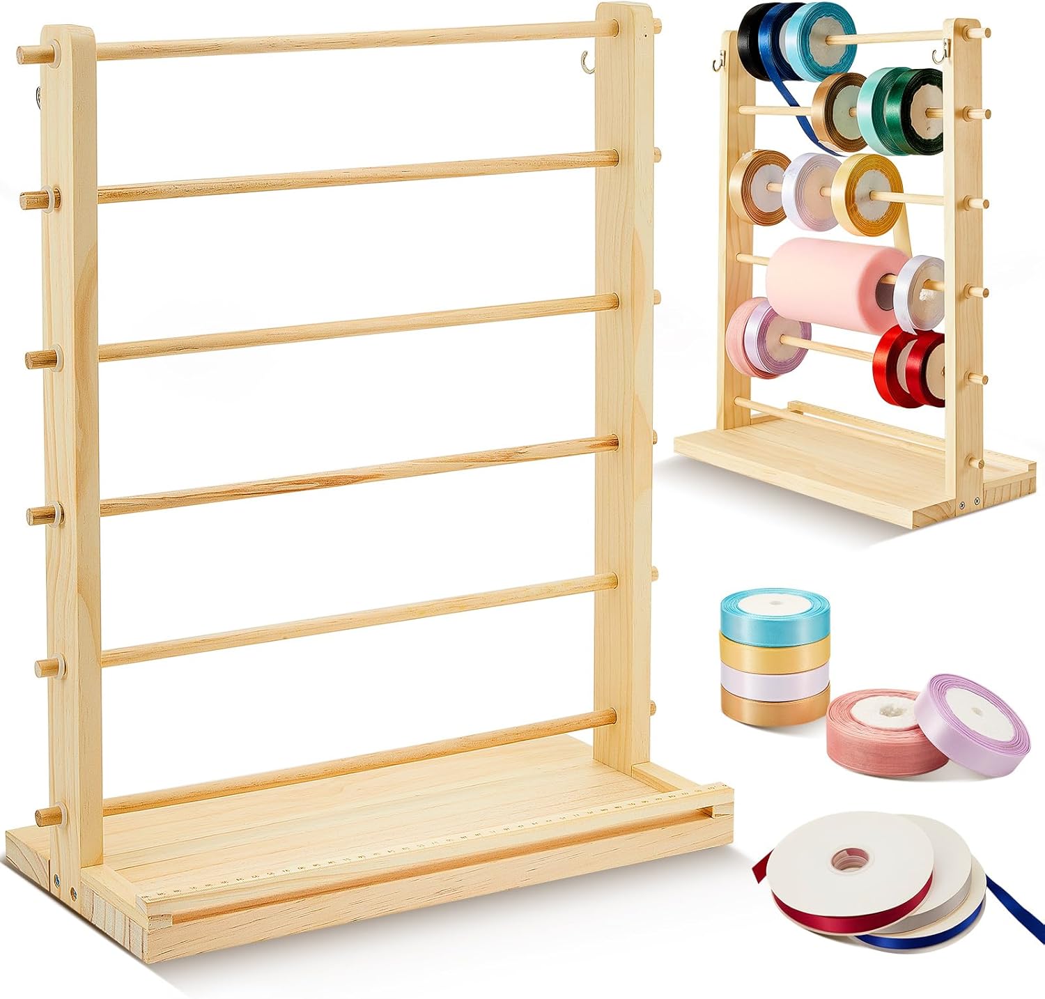 Menkxi 6 Tier Wooden Ribbon Rack Ribbon Organizer Ribbon Holder Organizer Rack Spool Holder Storage Organizer for Sewing Craft Mesh Thread Tape Wreath Crochet Roll Florist Arts Wrapping Gift