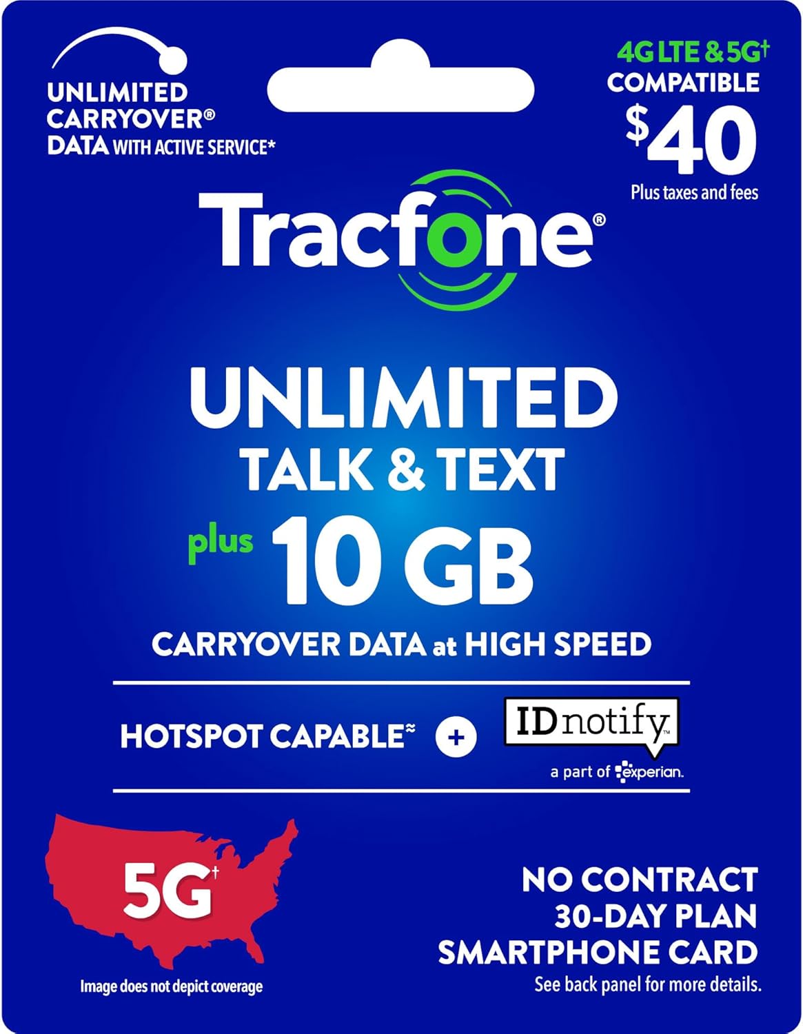 Tracfone $40 Unlimited Talk & Text+10 GB Data 30–Day Plan[Physical Delivery]