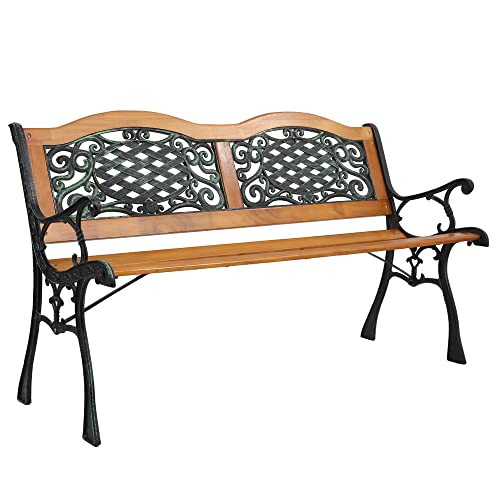 Rose Style Outdoor Bench - Patio Bench with Backrest and Armrests - Metal and Wood Bench - Weather-resistant Loveseat Chair for Park, Porch, Lawn, Balcony - Cast Iron Frame - Bronze and Natural