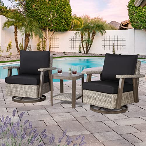 Outdoor 360 Degree Swivel Rocker Patio Chairs Set of 2 and Matching Side Table - 3 Piece Wicker Patio Bistro Set with Premium Fabric Cushion(Grey/Camel)