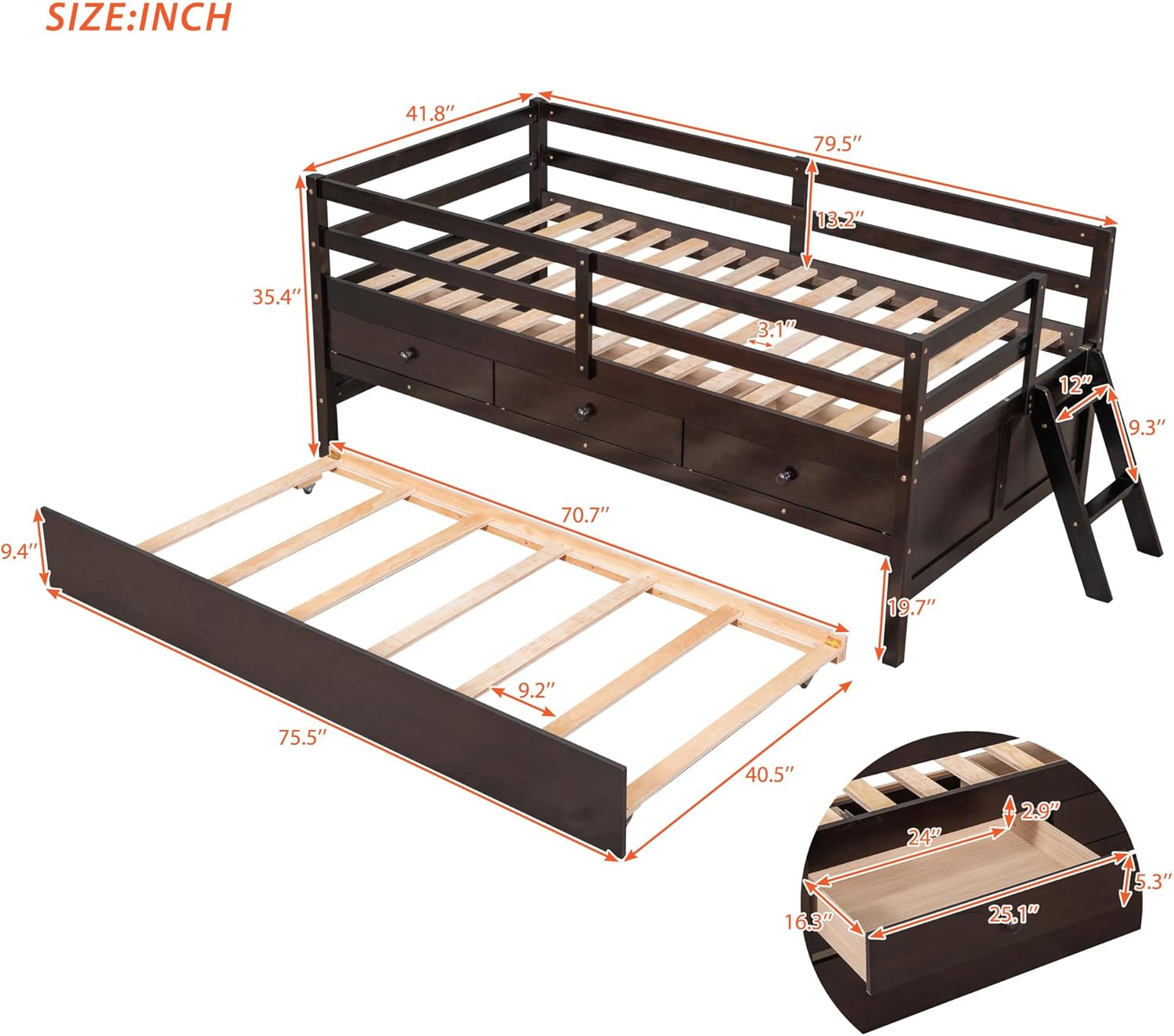 Multifunctional Design Twin Size Low Loft Bed with Climbing Ladder and Full Safety Fence,Solid Wood Bedframe with 3 Storage Drawers and Trundle,Space-Saving,for Kids ﻿ (Espresso Solid Wood Bed)