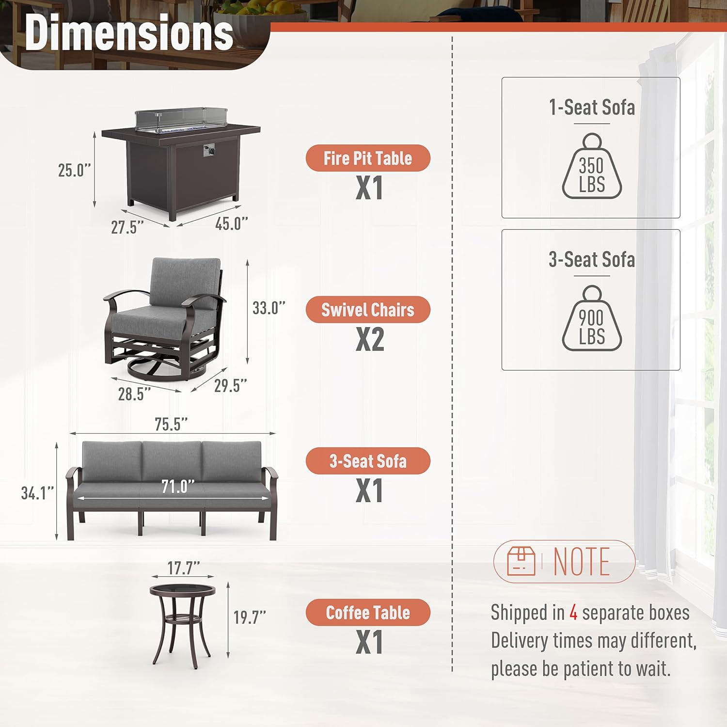 Aluminum Patio Furniture Set 5-Seat Modern Metal Outdoor Conversation Sets w/45in Propane Fire Pit Table, Swivel Rocking Chairs Patio Sectional Sofa w/5.1 Inch Cushion, Grey