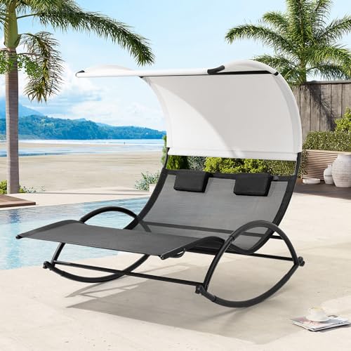 Crestlive Products Outdoor Double Chaise Lounge Chair with Canopy & Wheels, 2 Person Patio Rocking Lounge Chair with Sun Shade & Headrests for Garden, Backyard, Poolside (Brown)