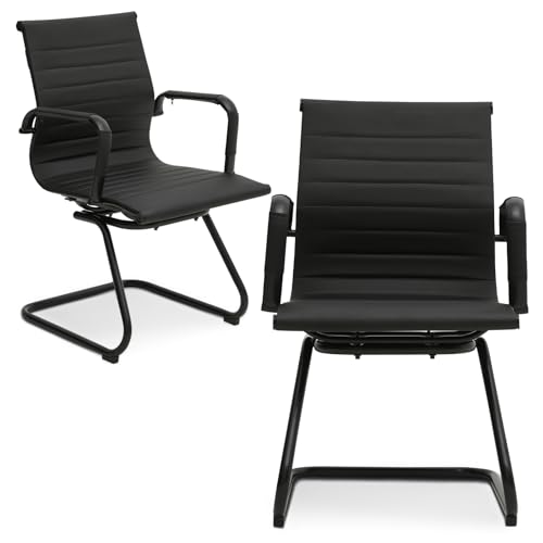 Athena Collection Office Desk Chair No Wheel, Office Guest Chari of 2 Reception Chair with Sled Base Faux Leather Side Chair with Arm for Meeting Room Waiting Room Comference White