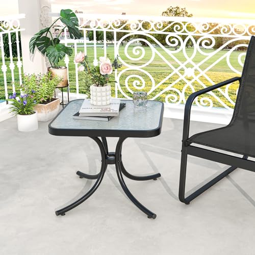 Tangkula Outdoor Bistro Table, 20 Inches Patio Side Table with Tempered Glass Tabletop & Steel Frame, Patio Coffee End Table for Backyard, Lawn, Garden (Black)