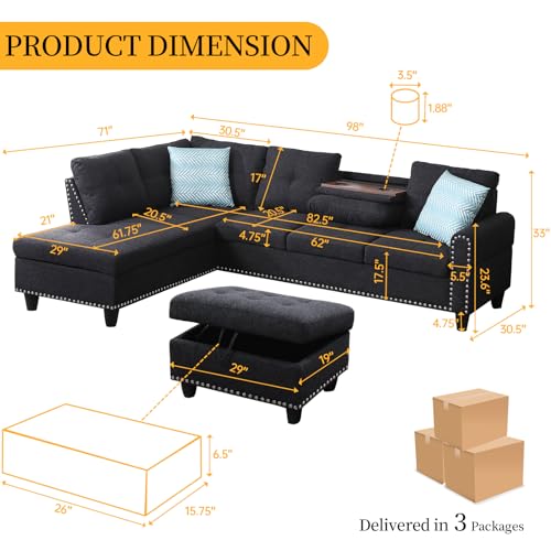 L Shaped Sectional Couch with Recliner, Modern Sleeper Sofa with Movable Storage Ottoman, Stylish Living Room Furniture Set with 2 Cup Holders and 2 Pillows for Home, Charcoal Grey