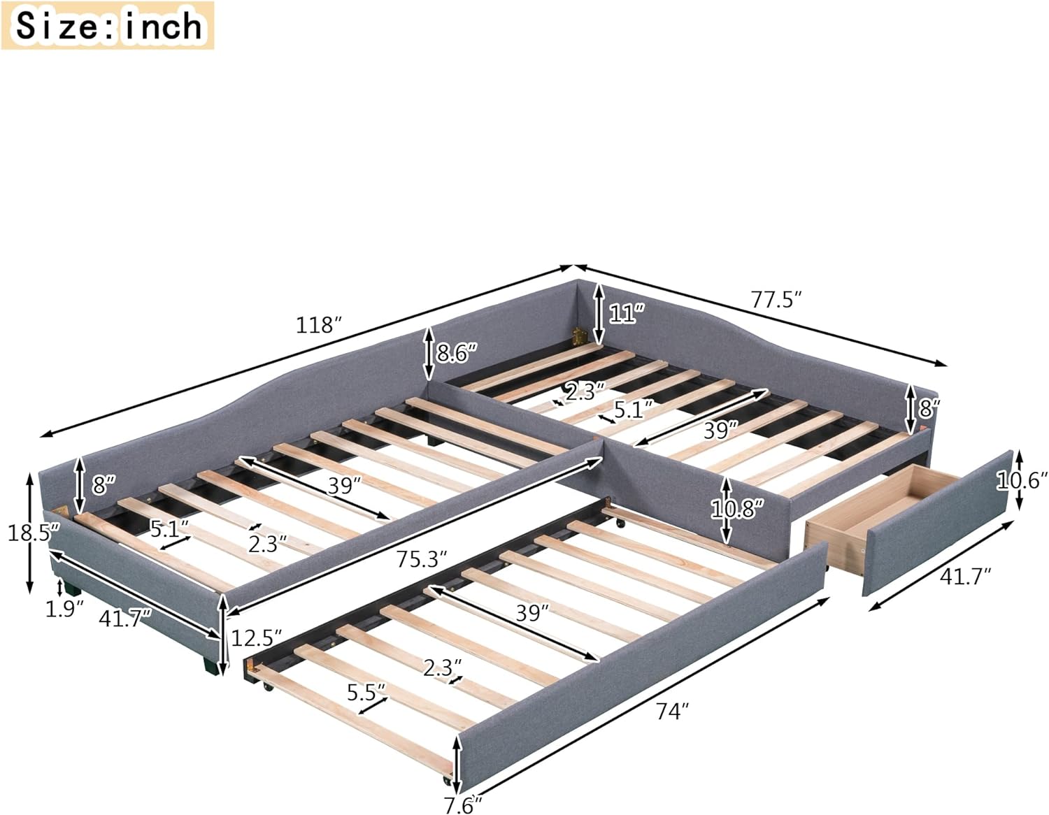 Double Twin Size Day Bed with Trundle L-Shape Upholstered Day Beds with Storage Drawer Corner Bed Daybed for Kids, Teens and Adults,Green