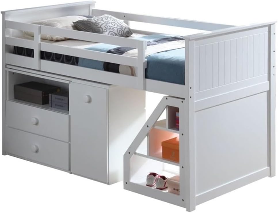 Acme Wyatt Wooden Loft Bed with Chest and Swivel Desk in White