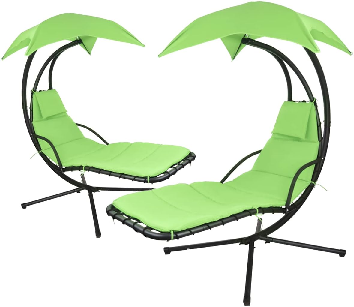 2X Patio Hanging Chaise Outdoor Lounger Padded Cushion Swing Hammock Chair w/Sun Shade Canopy Umbrella Stand [Green]