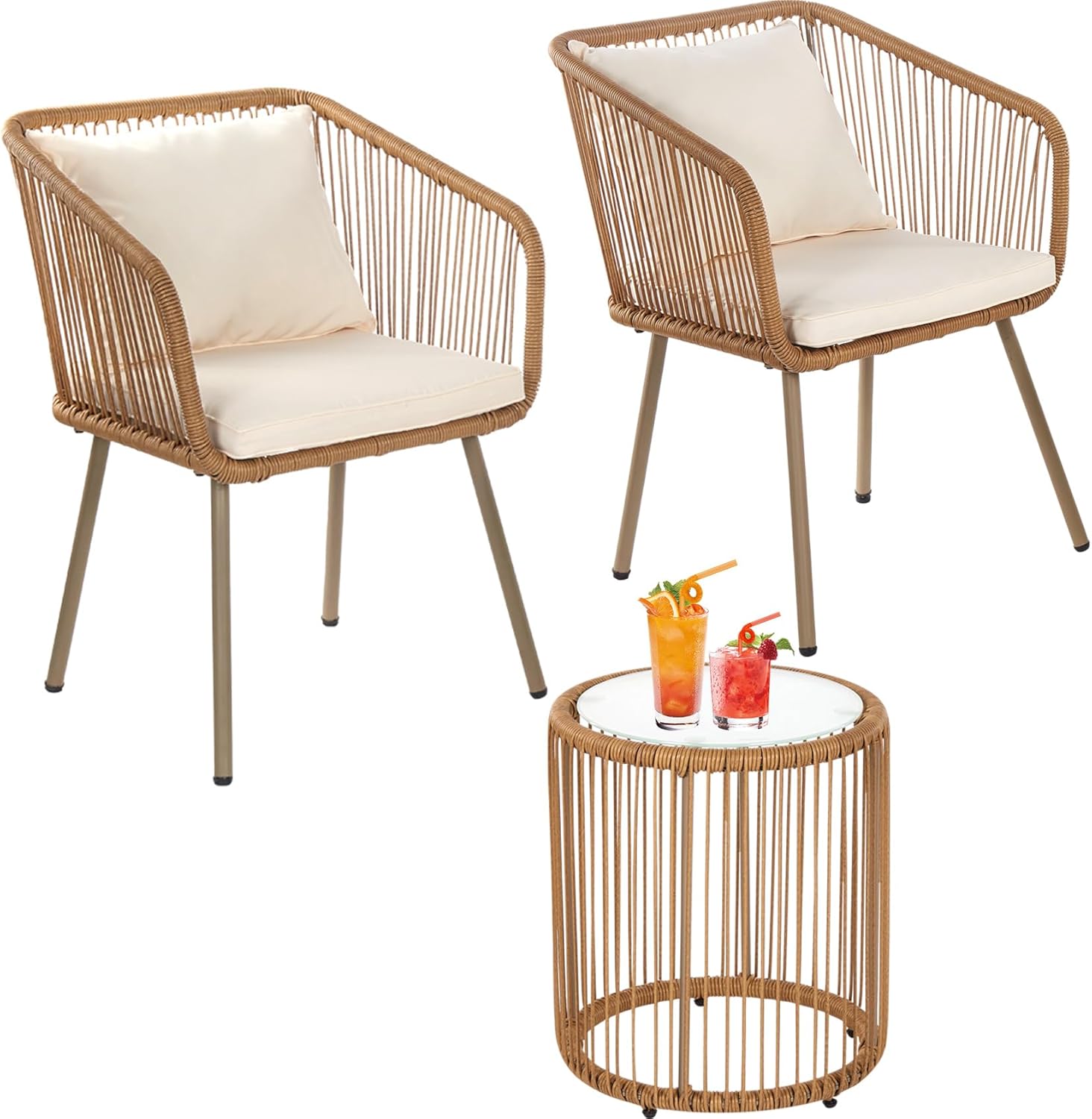 BLKMTY 3-Piece Patio Set Wicker Patio Bistro Furniture Set Outdoor All-Weather Wicker Furniture for Porch Backyard Rattan Conversation Set W/Glass Coffee Table Top and 2 Chairs/Cushions, White