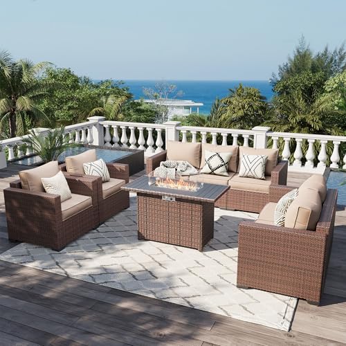 Outdoor Patio Furniture Set, 5 Piece Patio Conversation Sets with Storage Table, Wide Armrest Outside Sectional Sofa with Waterproof Covers for Porch, Backyard, Balcony, Poolside(Khaki)