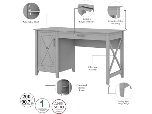 Bush Furniture Key West 54W Computer Desk with 2 Drawer Lateral File Cabinet and 5 Shelf Bookcase in Pure White and Shiplap Gray