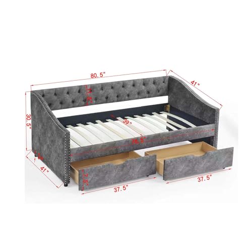Wood Queen Size Daybed, Day Bed Frame with 2 Storage Drawers, Upholstered Bed Frame Queen Sofa Bed with Button and Nailhead Design for Bedroom Guest Room, No Box Spring Needed, Black