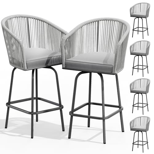 YITAHOME 4-Piece Patio Woven Swivel Bar Stools,Outdoor Bar Set Chair with Soft Cushions for Backyard Poolside, Garden w/360 Rotation (Light Yellow+Beige)