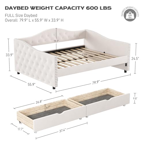 OUYESSIR Daybed with 2 Storage Drawers, Upholstered Full Size Day Bed Frame in Linen Fabric and Full Wood Slats, No Box Spring Needed, Grey