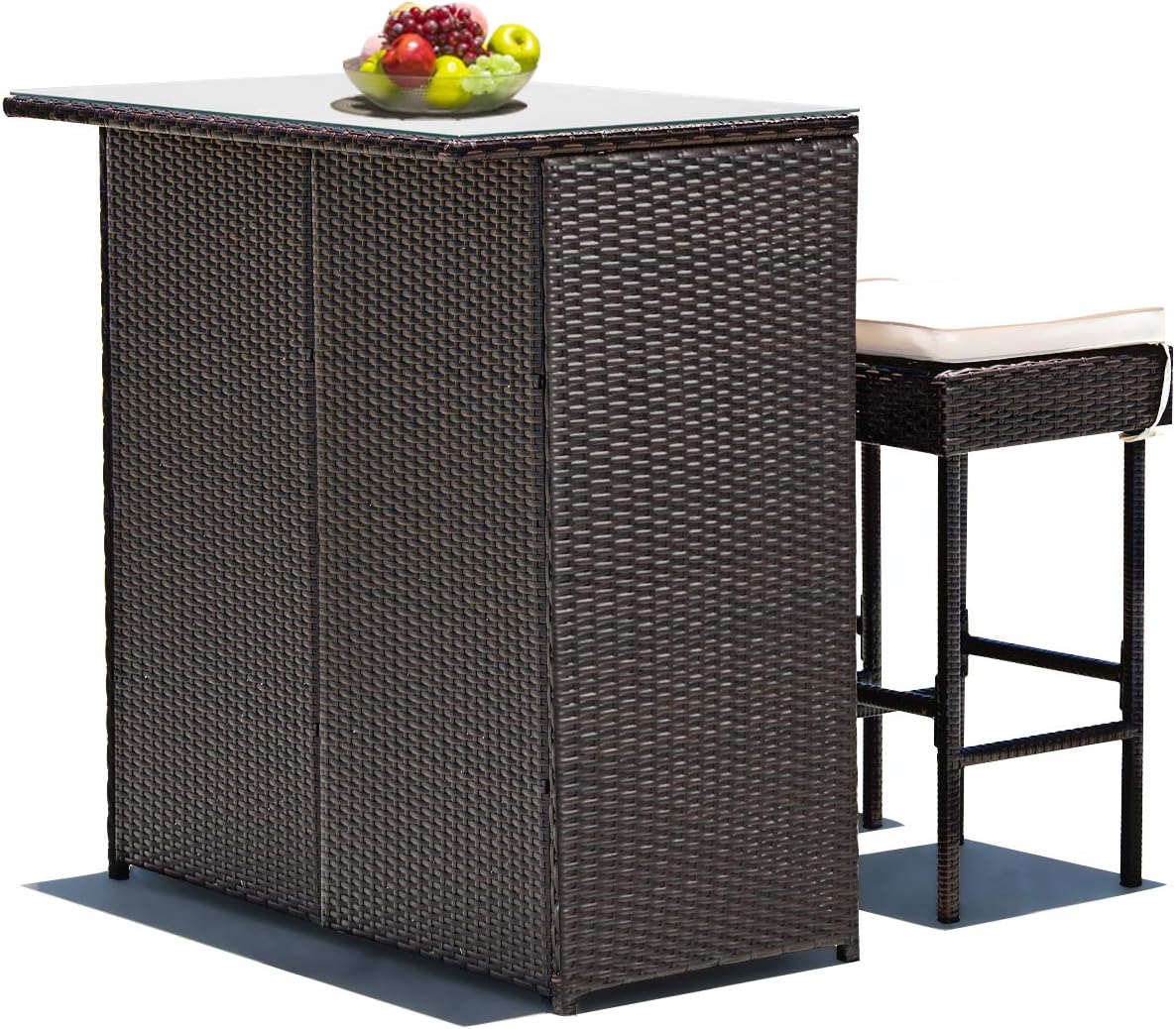 COSTWAY 3PCS Patio Rattan Wicker Bar Table Stools Dining Set Cushioned Chairs Garden