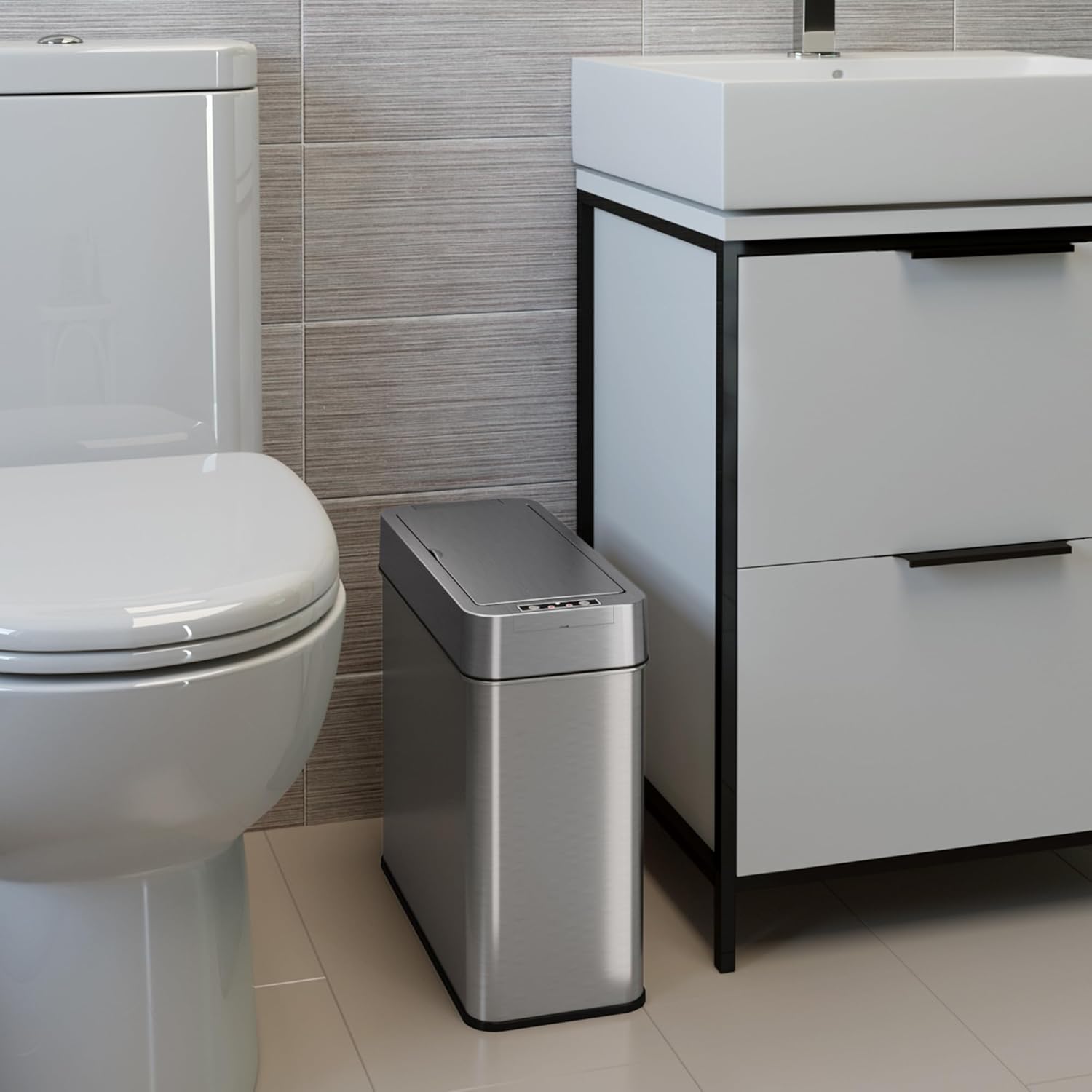 iTouchless 4 Gallon Sensor Trash Can with AbsorbX Odor Control System, Lid Opens Right, 15 Liter Slim Stainless Steel Automatic Wastebasket, Space-Saving Bin for Bathroom, Kitchen, Office, Hotel