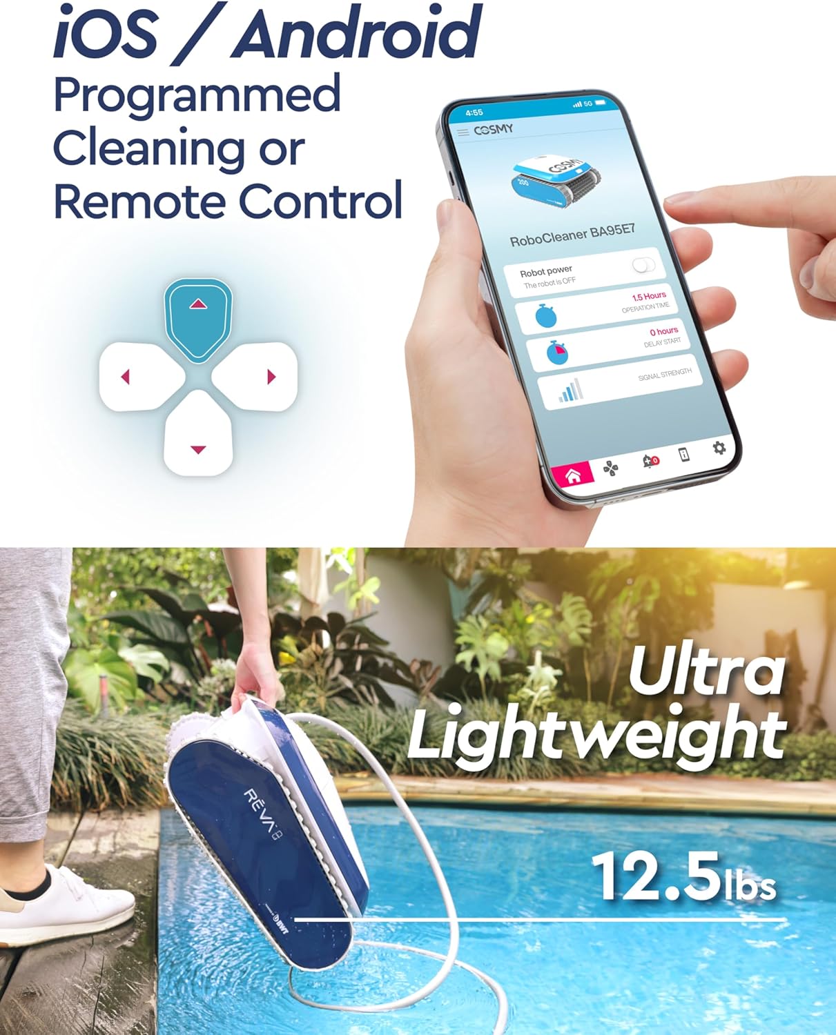 REVA AI Gyroscopic Robotic Pool Vacuum Cleaner, Smartphone APP Control, Horizontal Waterline/Wall/Floor Deep Cleaning, Upgraded 2024 Auto Navigation, 2-Layers Fine Filtration, for Pools up to 35ft