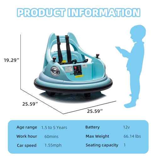 12V Bumper Car for Kids, Bumper Car for Toddlers W/Remote Control, Electric Ride On Car with LED Lights & 360 Degree Spin, Bluetooth, Anti-Collision Padding 5-Point Safety Belt, (Blue)