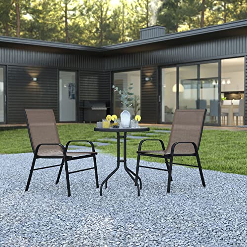 EMMA + OLIVER Three Piece Patio Table Set - Two Brown Flex Comfort Chairs - 23.75